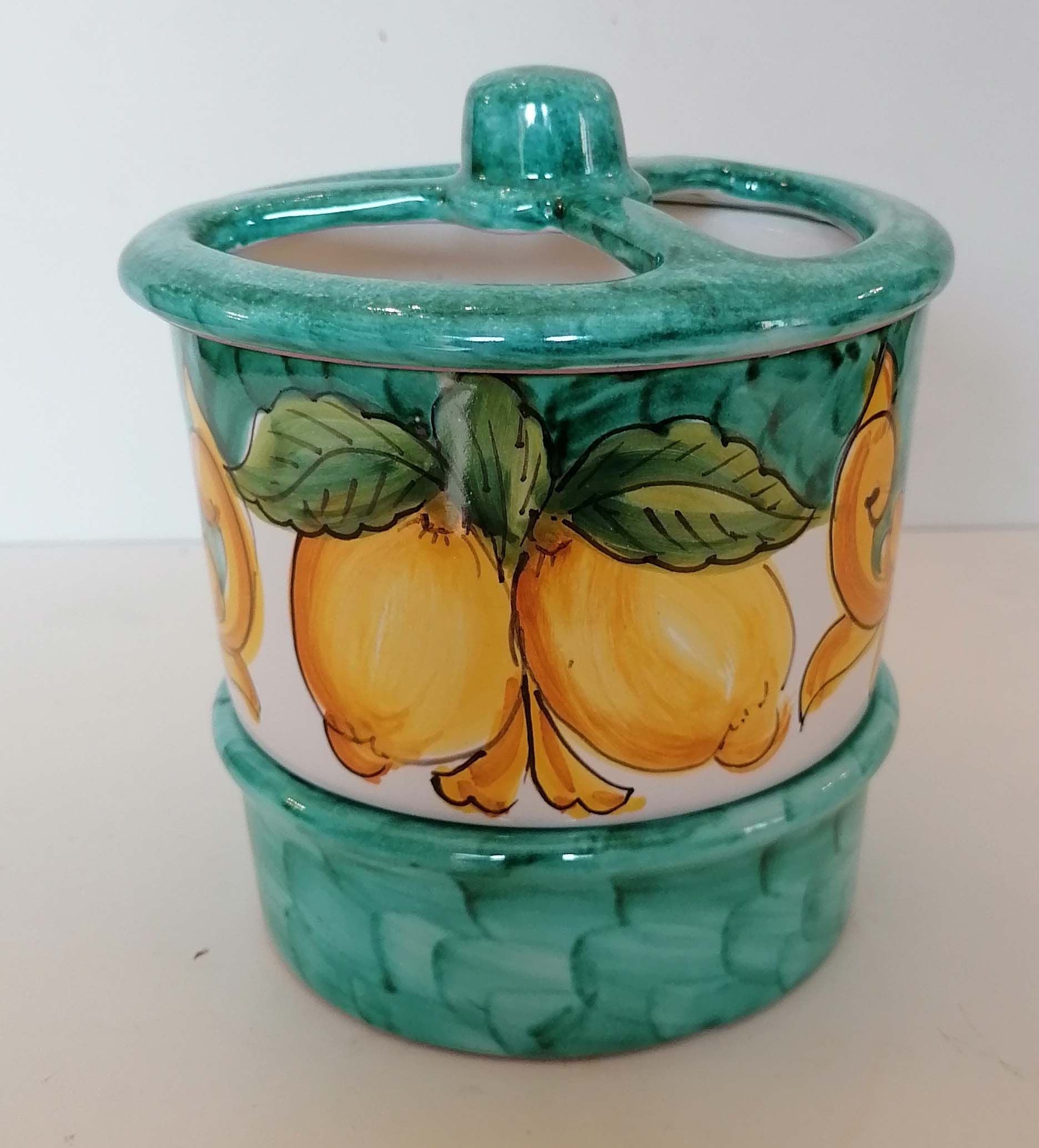 Barattolo Sale grosso cm.18 Decoro Barocco con limoni fondo turchese -  ceramica Vietri in italy